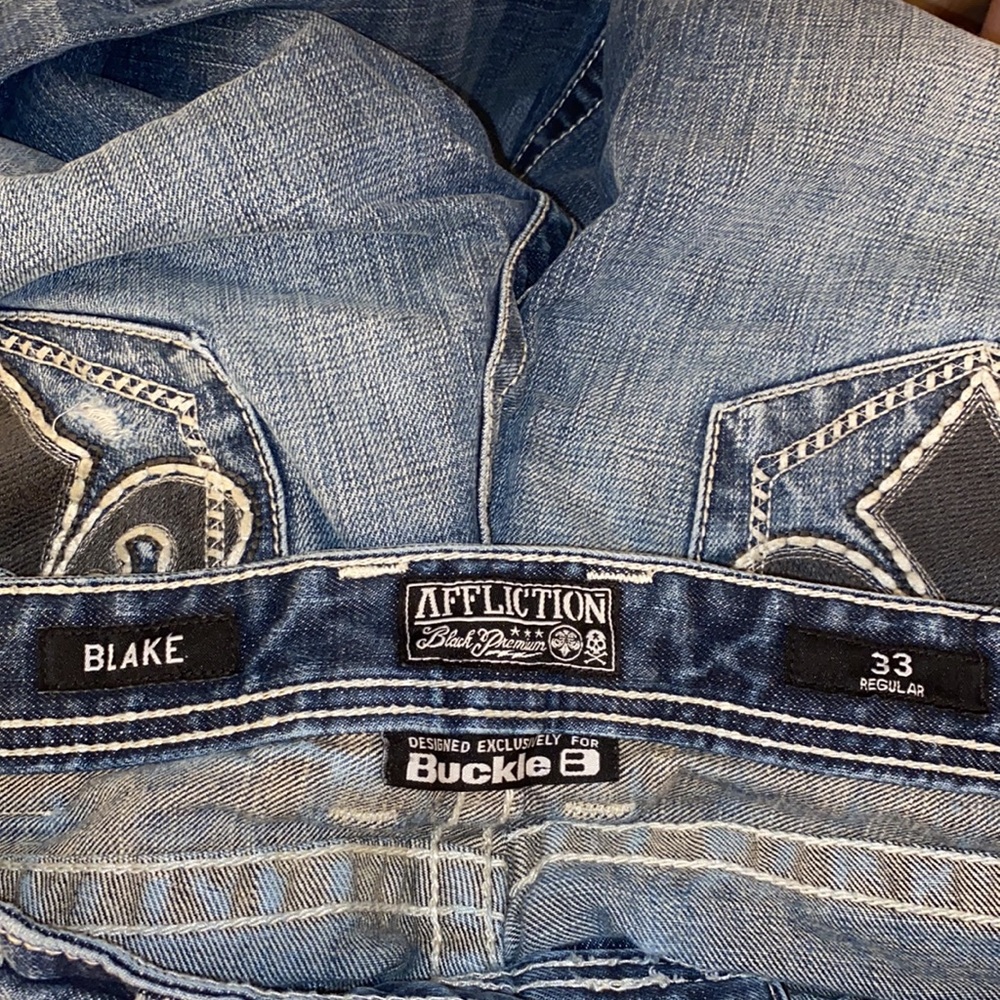 Affliction Black Premium Embroidered Distressed Blue Denim Jeans - Picture 12 of 13
